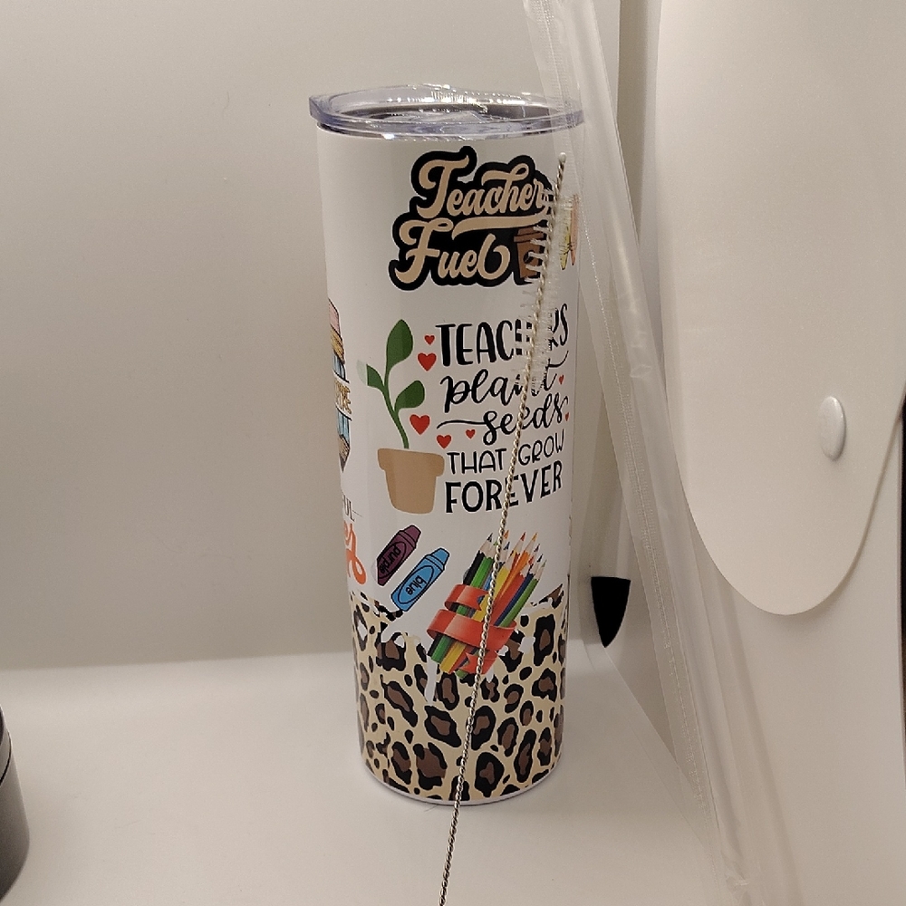 Teacher Fuel 20oz Tumbler with Leopard Print